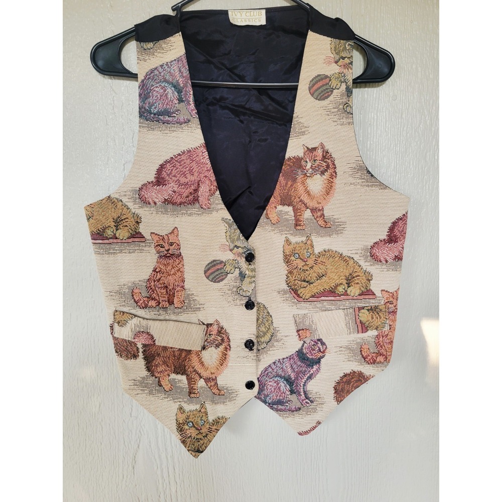 Vintage Cat Tapestry Vest Women's Medium Novelty Kittens Twee Grandma Core -Read